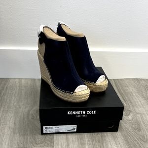 Kenneth Cole New York Olivia Espadrille Suede Rafia Wedge Navy Sandal, Size 10